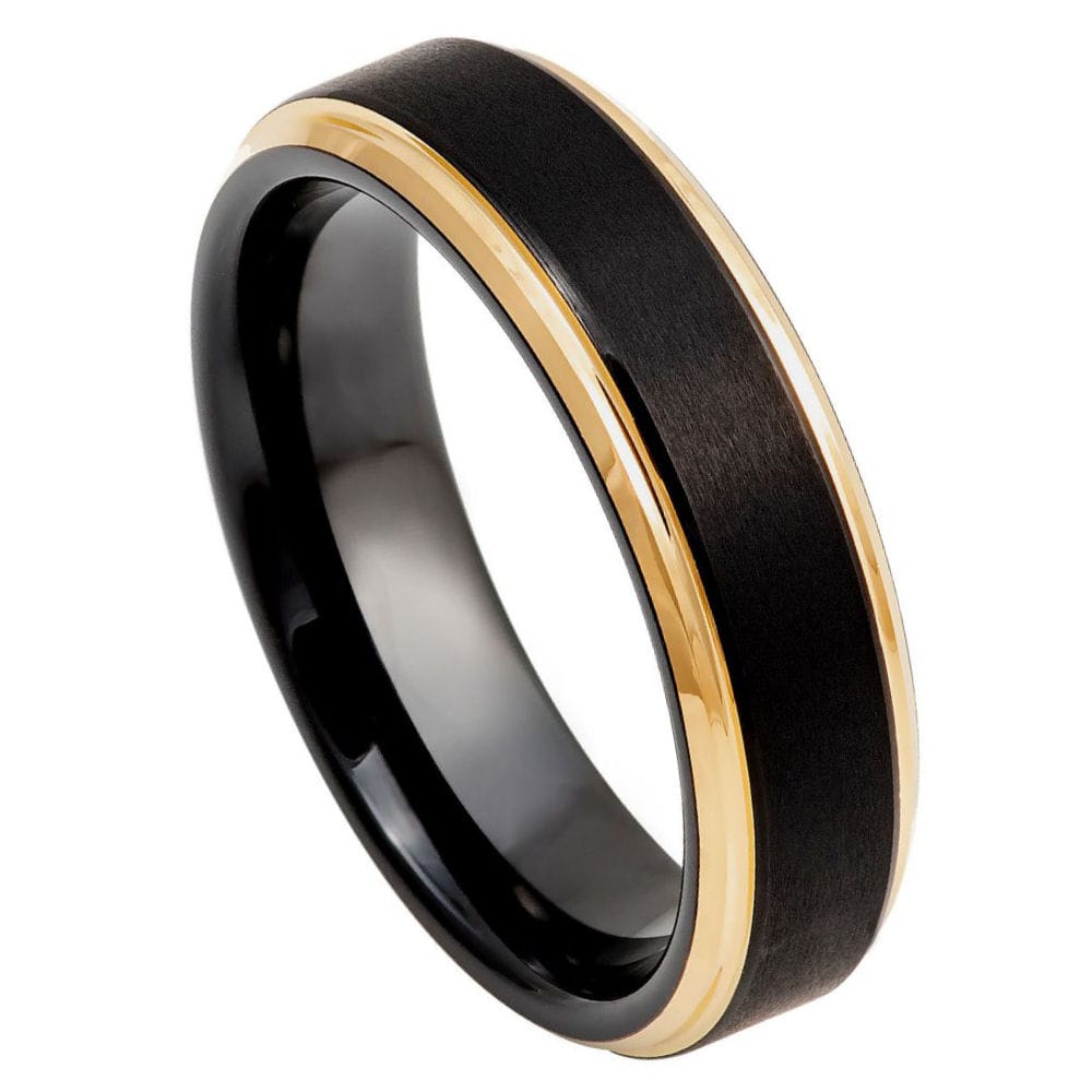 6mm Two-Tone Tungsten Ring with Black and Yellow Gold IP Brushed Center and Stepped Edge