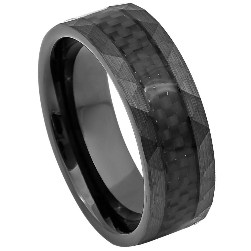 8mm Tungsten Gun Metal IP Carbon Fiber Ring with Faceted Sides