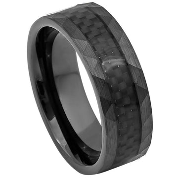 8mm Tungsten Gun Metal IP Carbon Fiber Ring with Faceted Sides