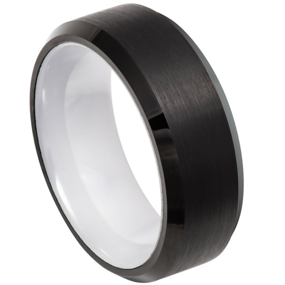 8mm Black Tungsten Ring with White Ceramic Sleeve and Beveled Edge