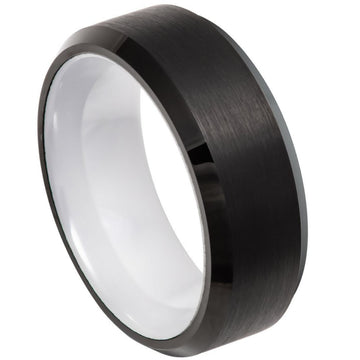8mm Black Tungsten Ring with White Ceramic Sleeve and Beveled Edge