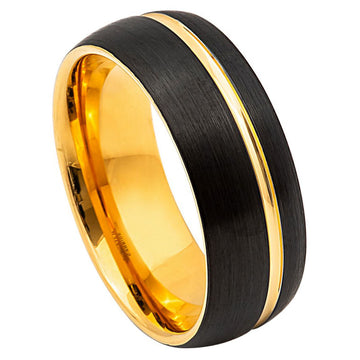8mm Two-Tone Tungsten Ring with Brushed Yellow Gold and Black IP Groove