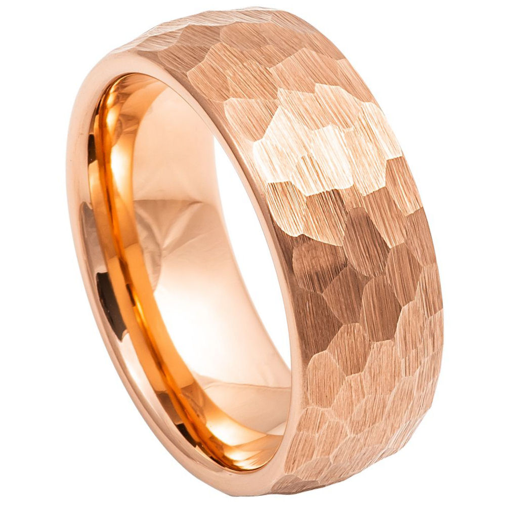 8mm Tungsten Ring with Rose Gold IP Plated Hammered Brushed Domed Design