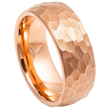 8mm Tungsten Ring with Rose Gold IP Plated Hammered Brushed Domed Design