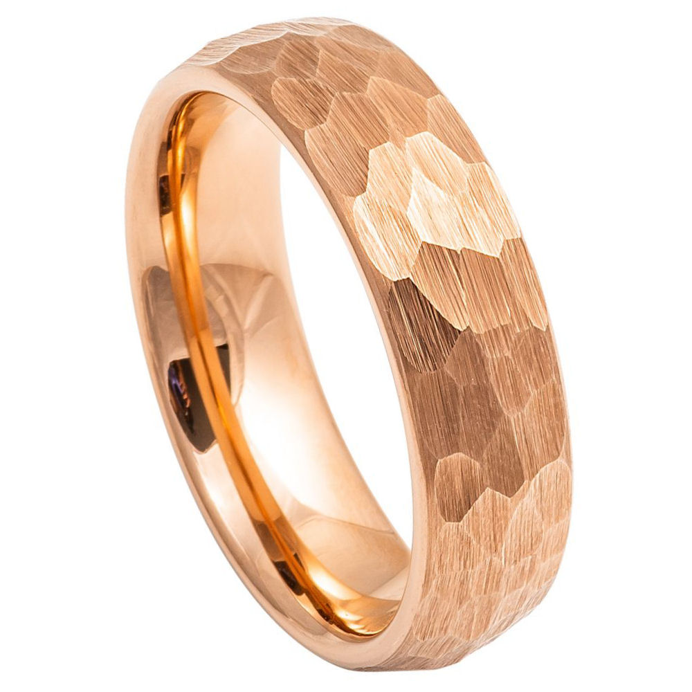 6mm Tungsten Ring with Rose Gold IP Plating, Hammered Brushed Domed Design