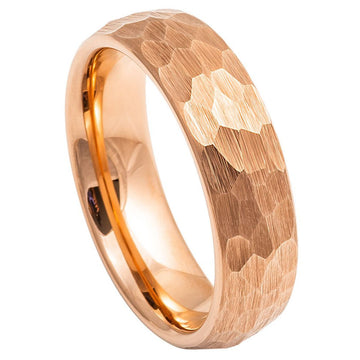 6mm Tungsten Ring with Rose Gold IP Plating, Hammered Brushed Domed Design