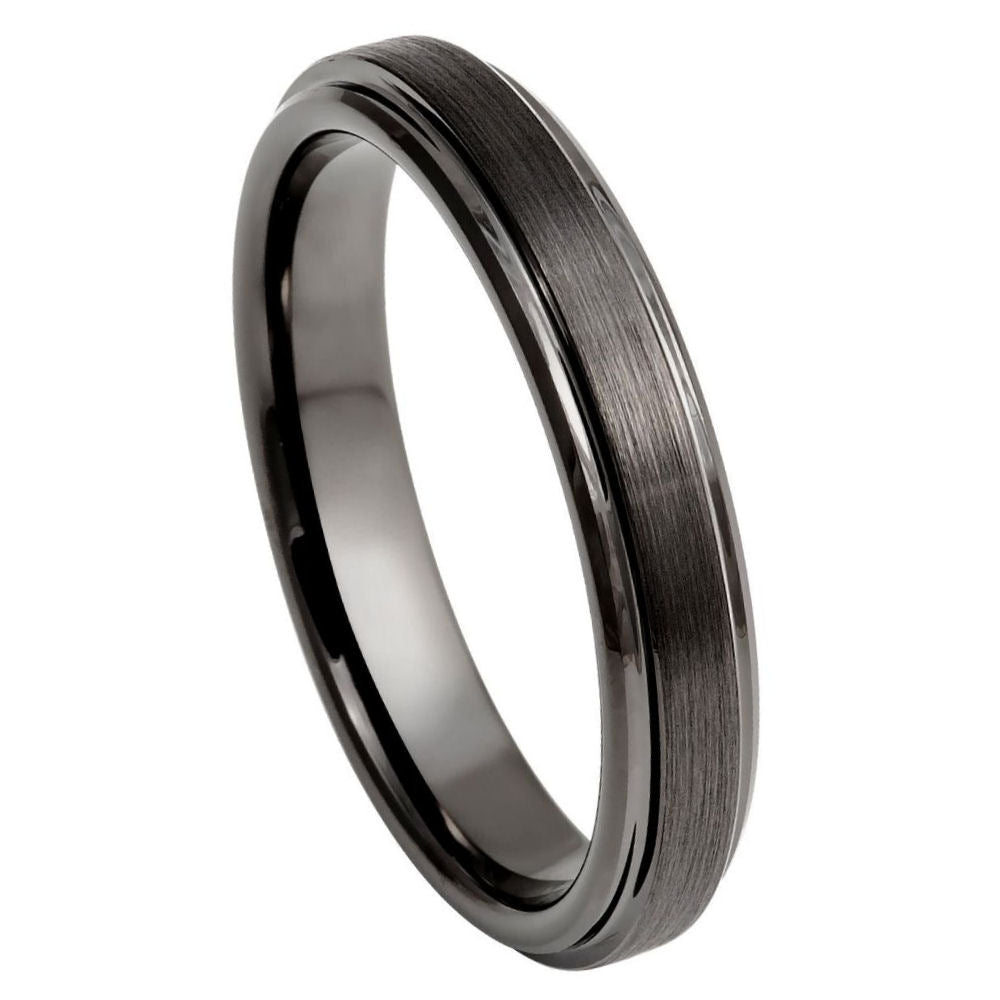 4mm Gun Metal IP Plated Tungsten Ring with Brushed Center and Beveled Stepped Edge
