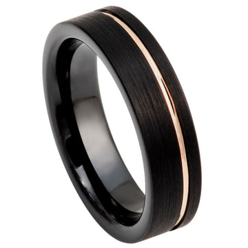 6mm Black IP Tungsten Ring with Brushed Pipe-Cut Finish and Off-Center Rose Gold IP Groove