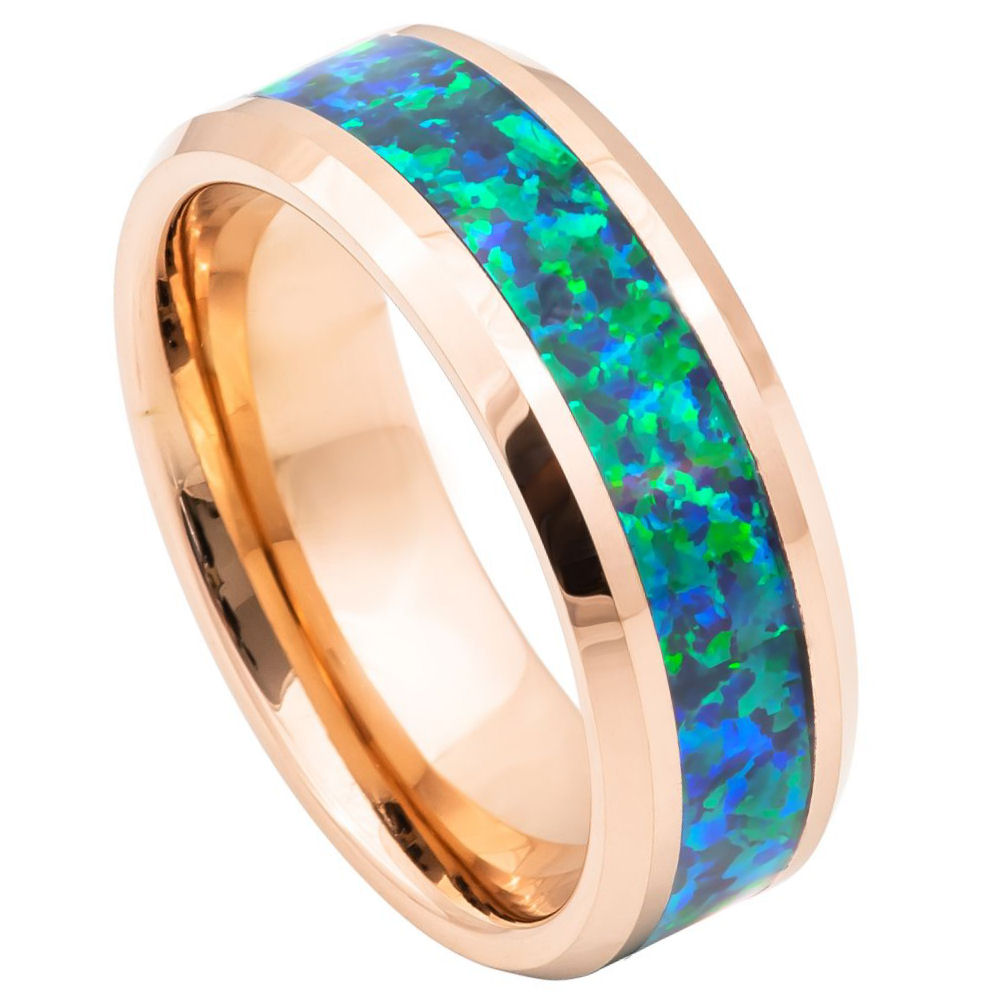 8mm Tungsten Ring with Rose Gold IP Plating and Emerald-Green Opal Inlay