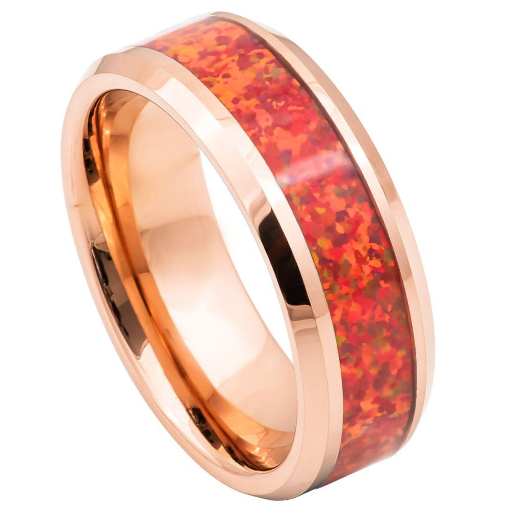8mm Tungsten Rose Gold IP Plated Ring with Synthetic Red Fire Opal Inlay