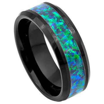8mm Black IP Plated Tungsten Ring with Synthetic Emerald-Green Opal Inlay