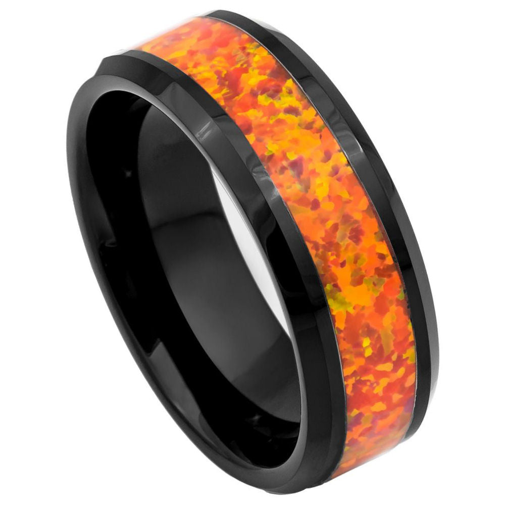 8mm Black IP Tungsten Ring with Synthetic Orange Opal Inlay