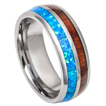 8mm Domed Tungsten Ring with Koa Wood & Synthetic Blue Opal Inlay
