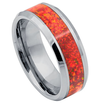 8mm Tungsten Ring with Fire Red Opal Inlay