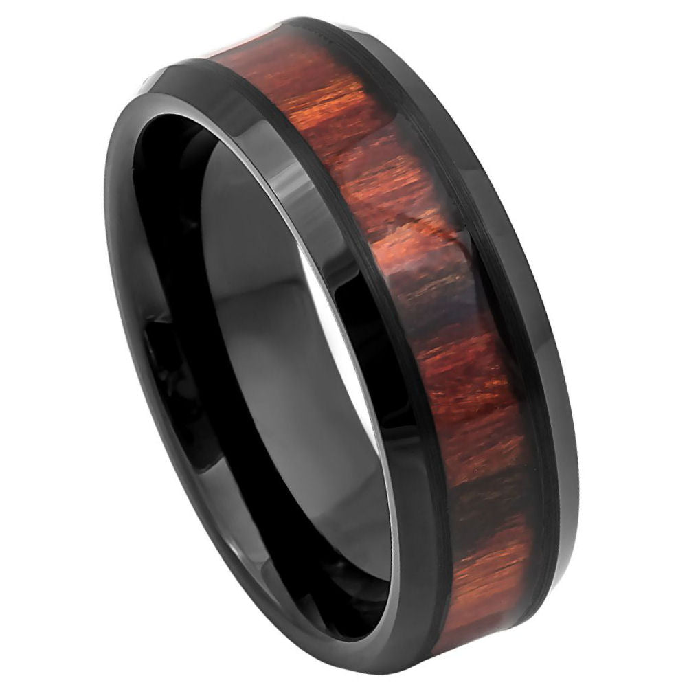 8mm Black IP Tungsten Ring with Dark Mahogany Wood Inlay and Beveled Edge