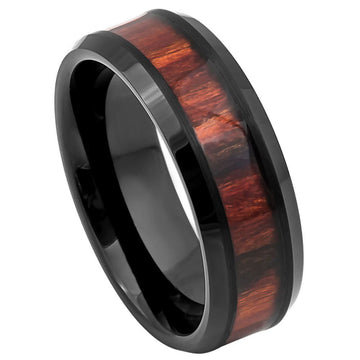 8mm Black IP Tungsten Ring with Dark Mahogany Wood Inlay and Beveled Edge