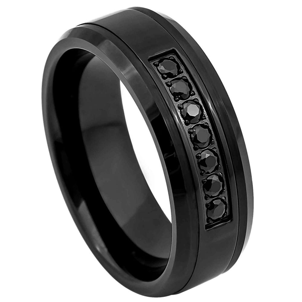 8mm Black IP Plated Tungsten Ring with Beveled Edge and 7 Black CZ Stones