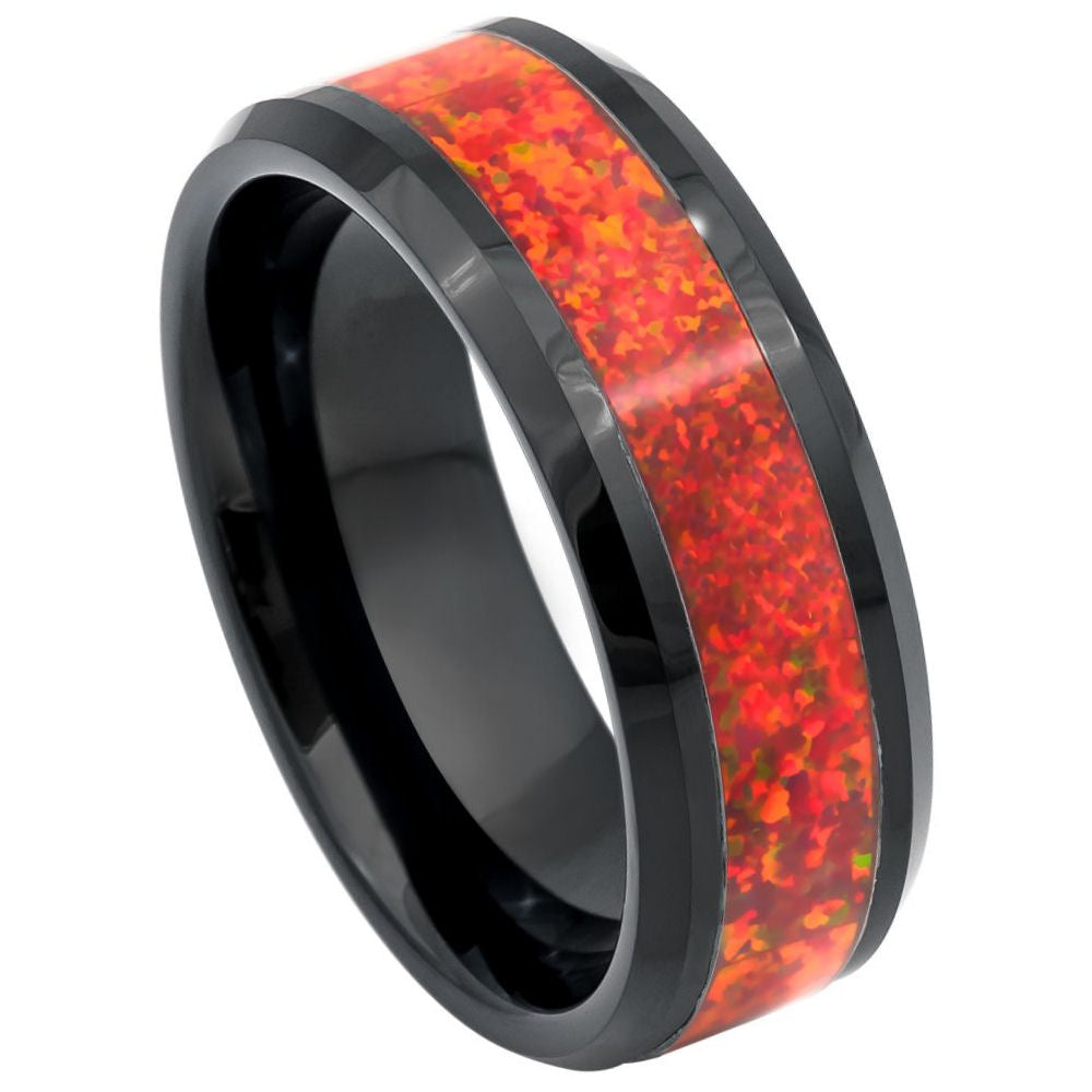 8mm Black IP Tungsten Ring with Synthetic Red Fire Opal Inlay and Beveled Edge