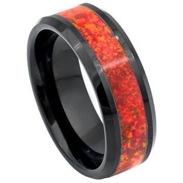 8mm Black IP Tungsten Ring with Synthetic Red Fire Opal Inlay and Beveled Edge