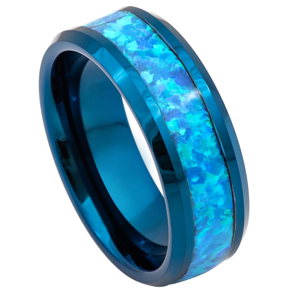 8mm Tungsten Ring with Blue IP Plating and Synthetic Blue Green Opal Inlay