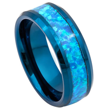 8mm Tungsten Ring with Blue IP Plating and Synthetic Blue Green Opal Inlay