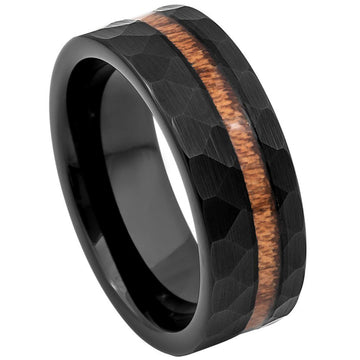8mm Black IP Plated Hammered Ring with Hawaiian Koa Wood Inlay