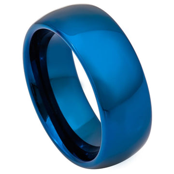 8mm Domed Tungsten Ring with Blue IP Plated Shiny Finish