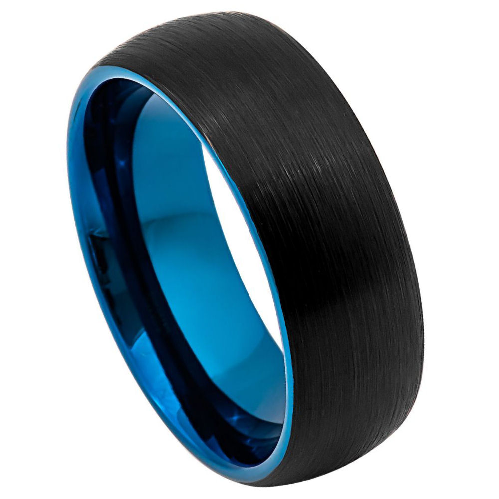 8mm Domed Black Tungsten Ring with Blue IP Plated Inside and Brushed Finish