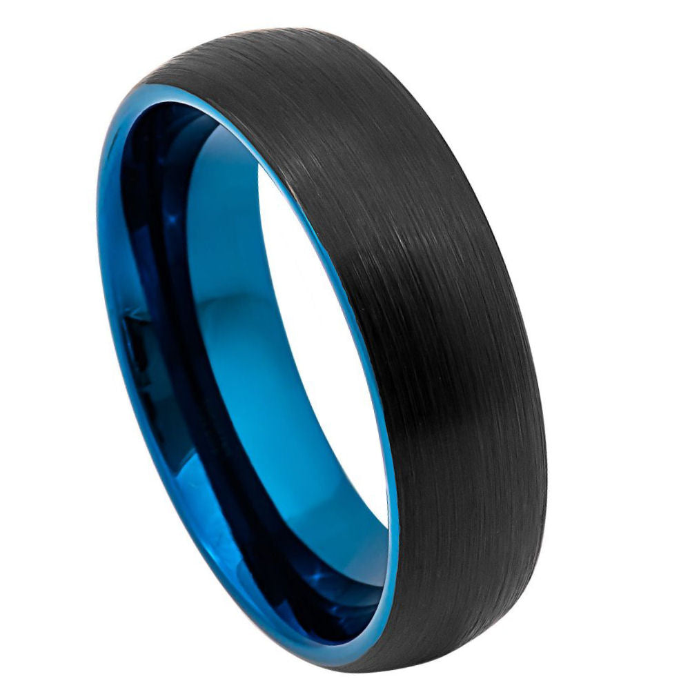 6mm Domed Tungsten Ring with Brushed Black Finish and Blue IP Plating