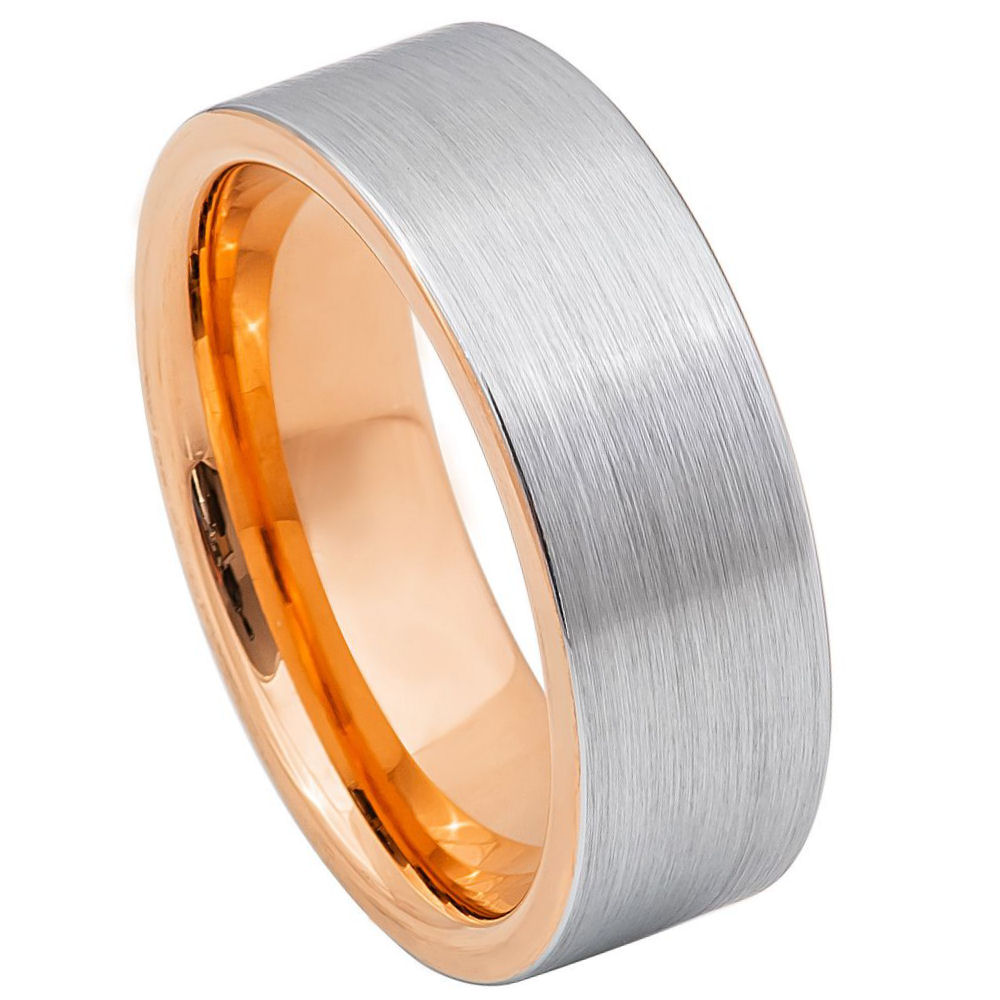 8mm Tungsten Pipe Cut Ring with Rose Gold IP Plating and White IP Brushed Center