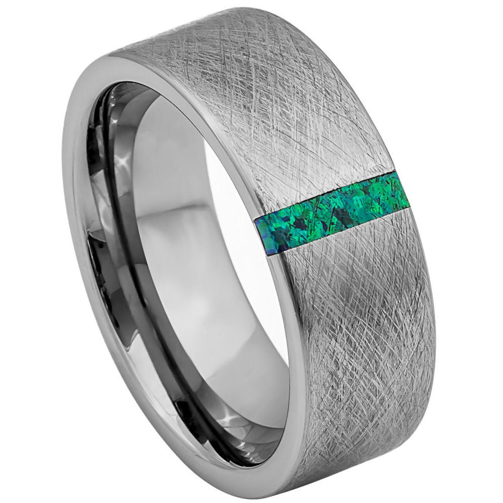 8mm Tungsten Ring with Ice Finish Center and Synthetic Lime Green Opal Bar Inlay