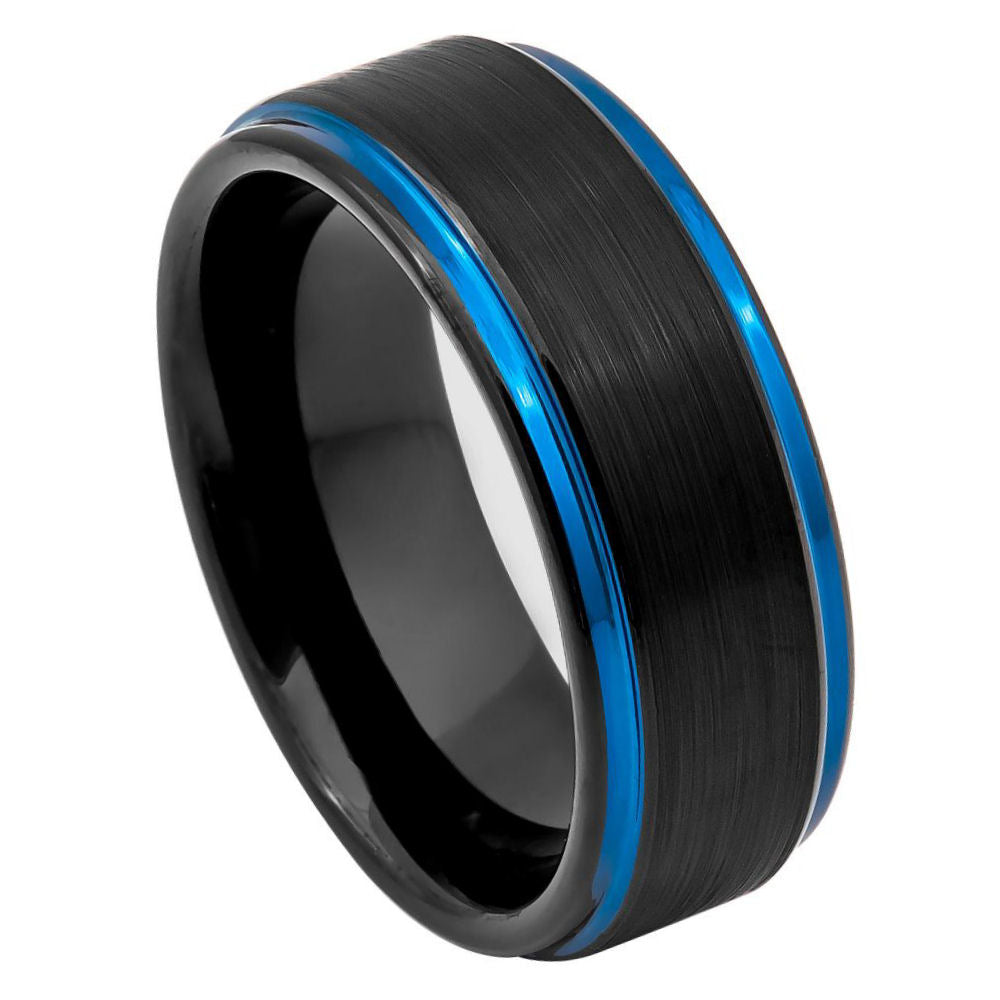 8mm Black Tungsten Ring with Blue IP Plated Interior, Brushed Stepped Edge