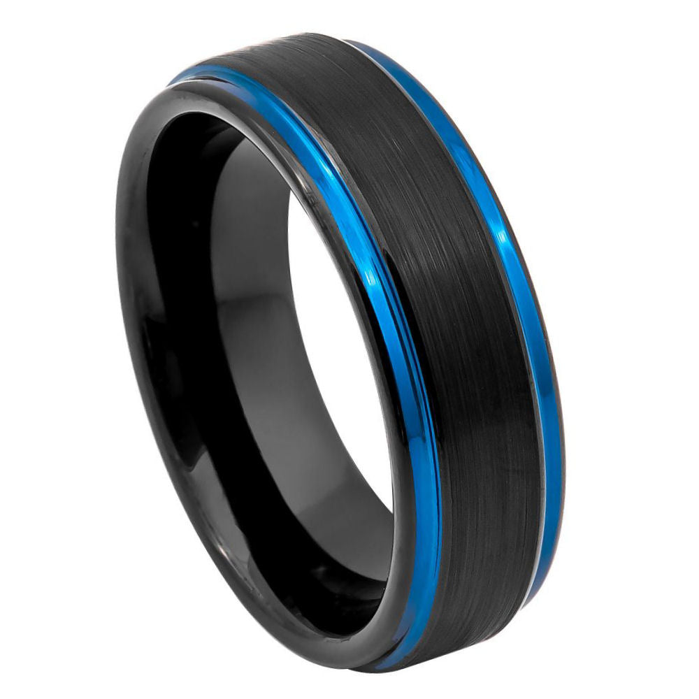 6mm Black Tungsten Ring with Blue IP Plated Interior, Brushed Finish & Stepped Edge