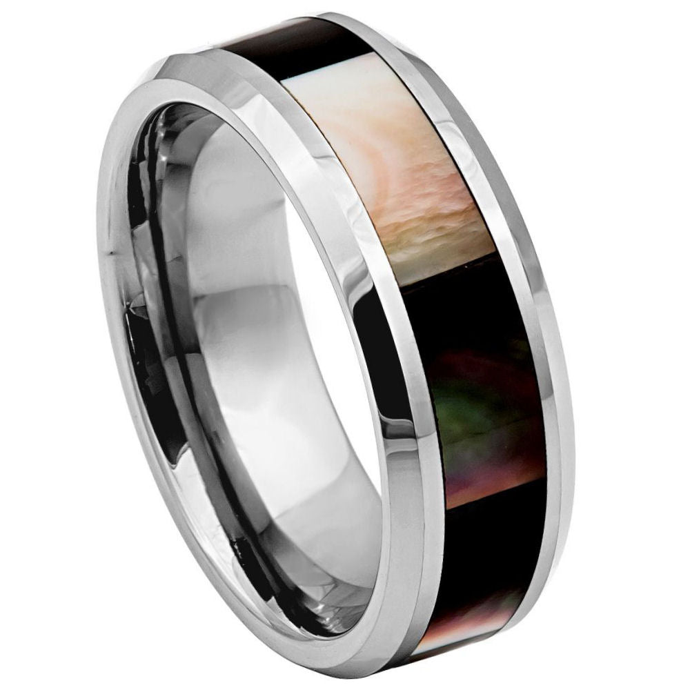Natural Dark Mother of Pearl Inlay Beveled Edge Ring – 8mm