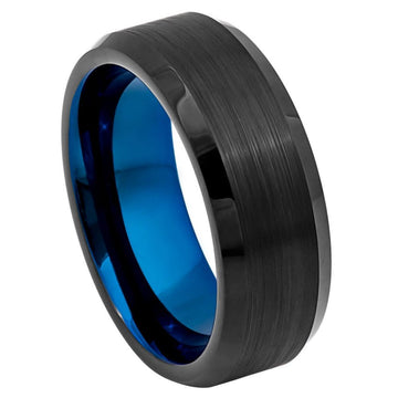 8mm Black Tungsten Ring with Blue IP Plated Interior and Brushed Beveled Edge