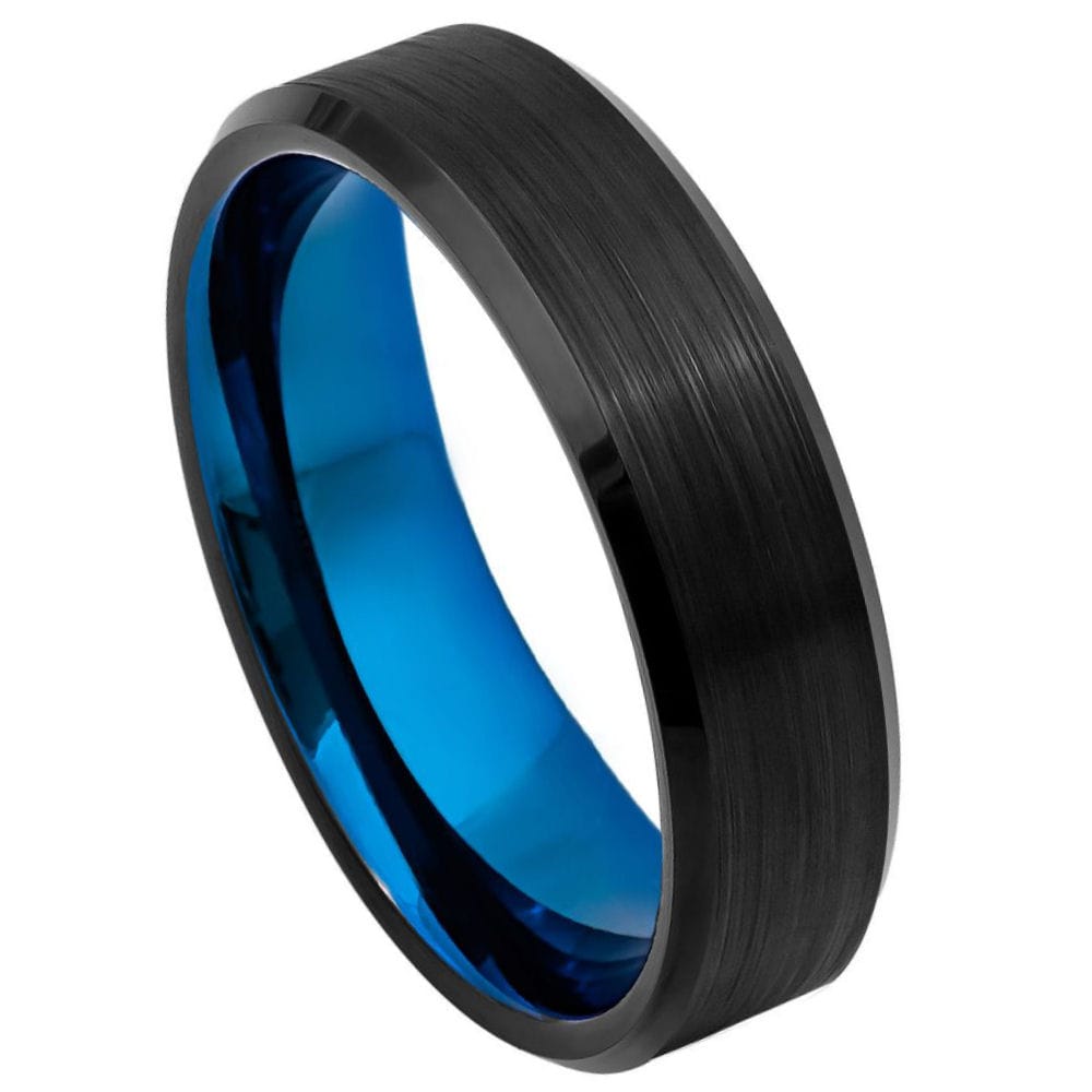6mm Black & Blue Tungsten Ring with Brushed Finish and Beveled Edge