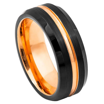 8mm Black Tungsten Ring with Rose Gold Plated Inside & Grooved Center