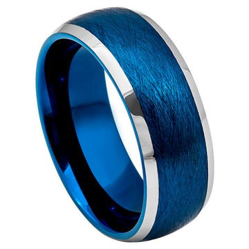 8mm Domed Tungsten Ring with Blue IP Plated Brushed Finish