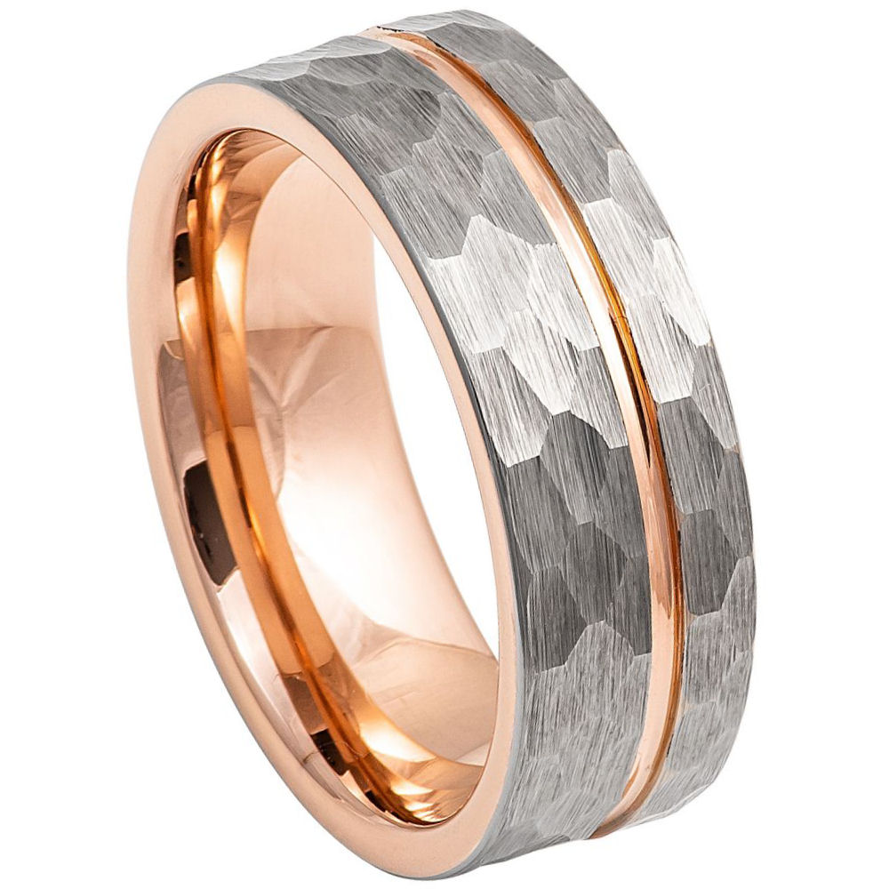 8mm Grooved Hammered Finish Ring with Rose Gold IP Plated Interior