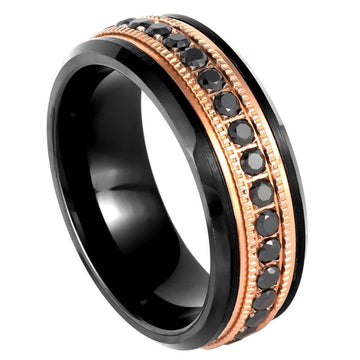 Black & Rose Gold IP Plated Milgrain Black CZ Round Cut Eternity Ring – 8mm