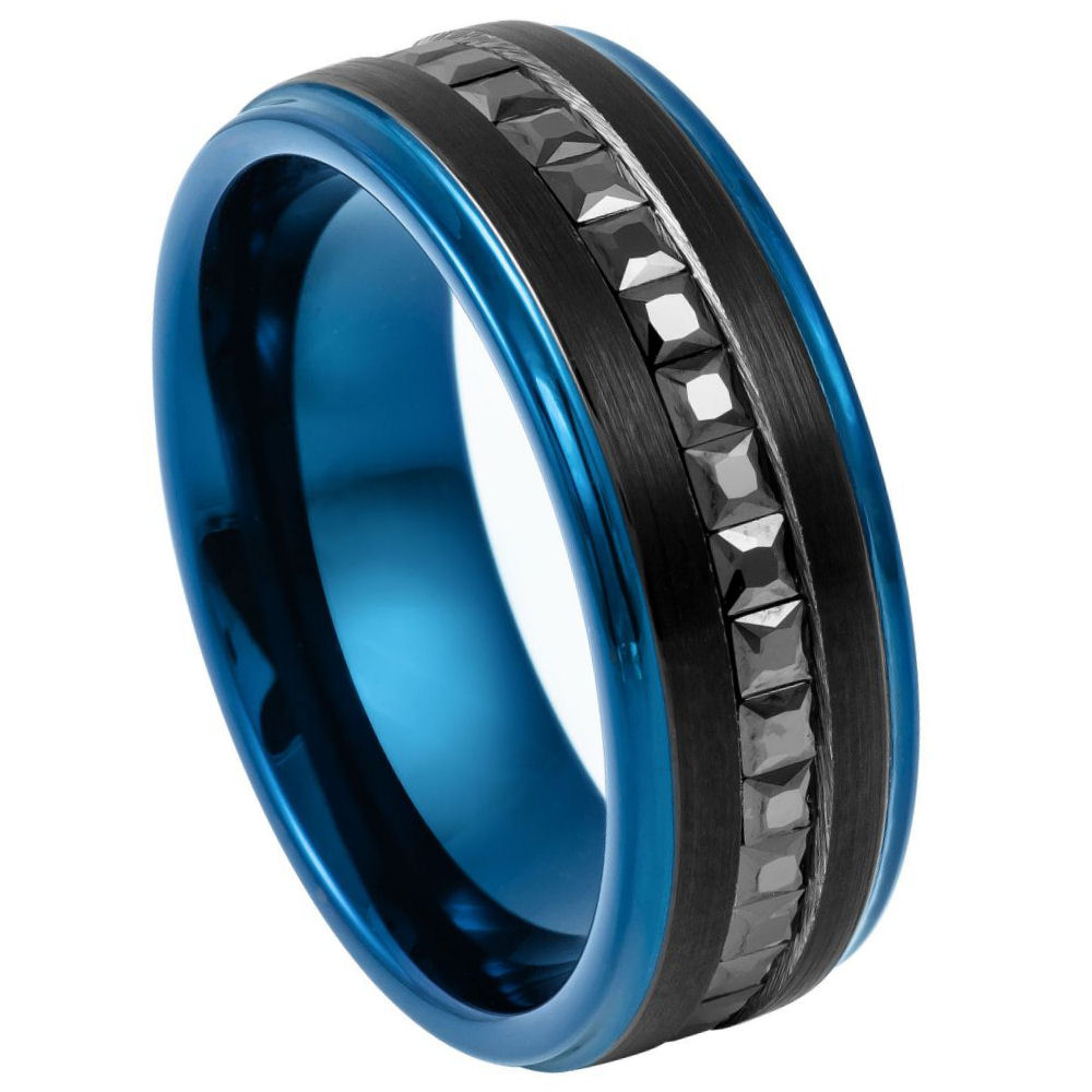 Black IP Plated Blue Edges Black CZ Princess Cut Eternity Ring - 8mm