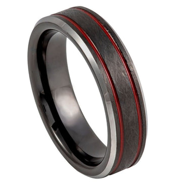 6mm Tungsten Ring – Charcoal Gray IP Plated Ice Finish with Two Red Thin Lines, Beveled Edge