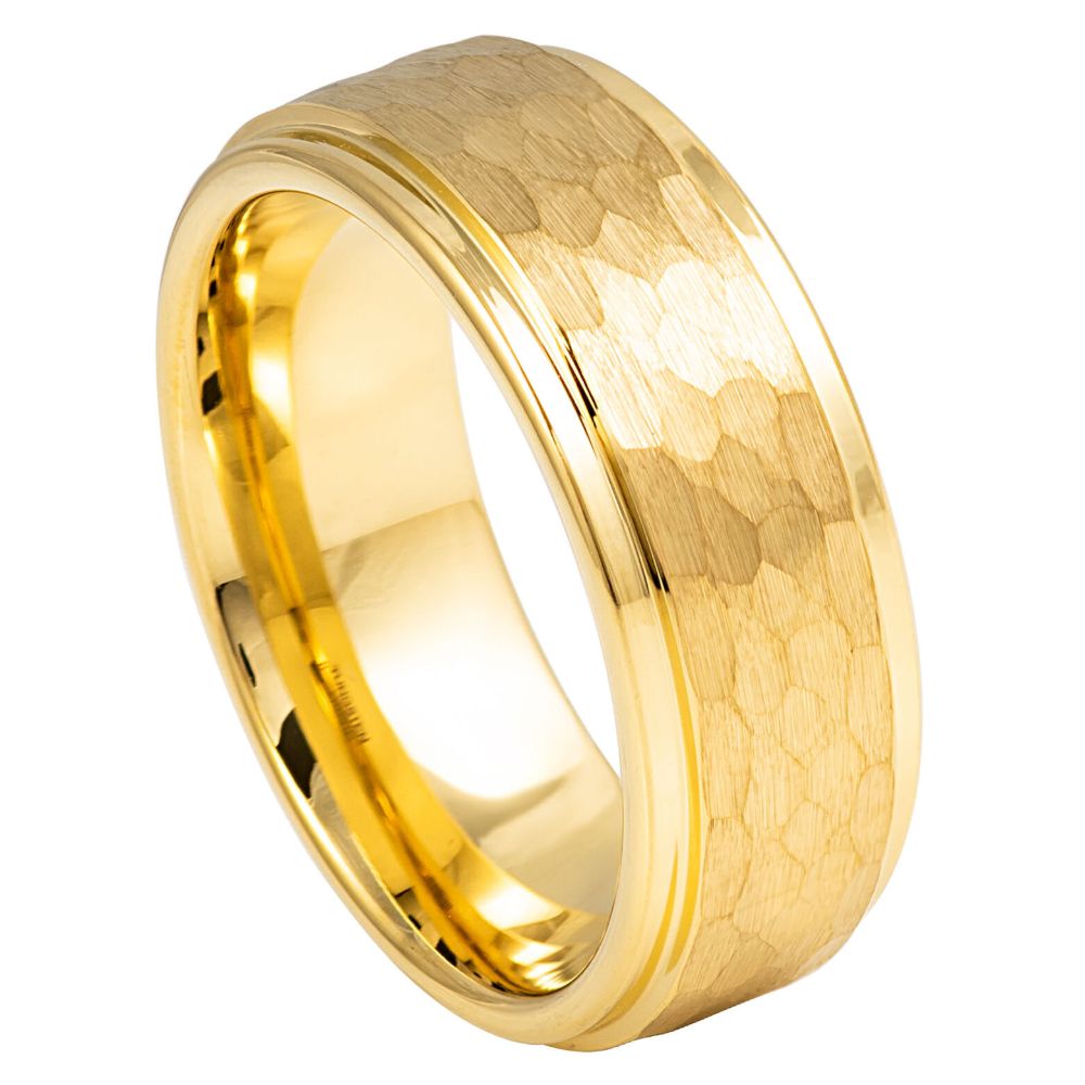 8mm Tungsten Ring Yellow IP Plated Hammered Center with Stepped Edge