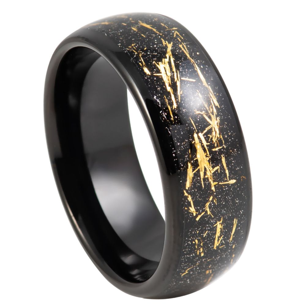 8mm Black IP Plated Tungsten Domed Ring with Imitation Yellow Meteorite Inlay