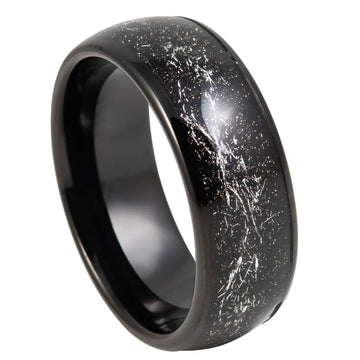 8mm Black IP Plated Tungsten Domed Ring with Imitation Black Meteorite Inlay