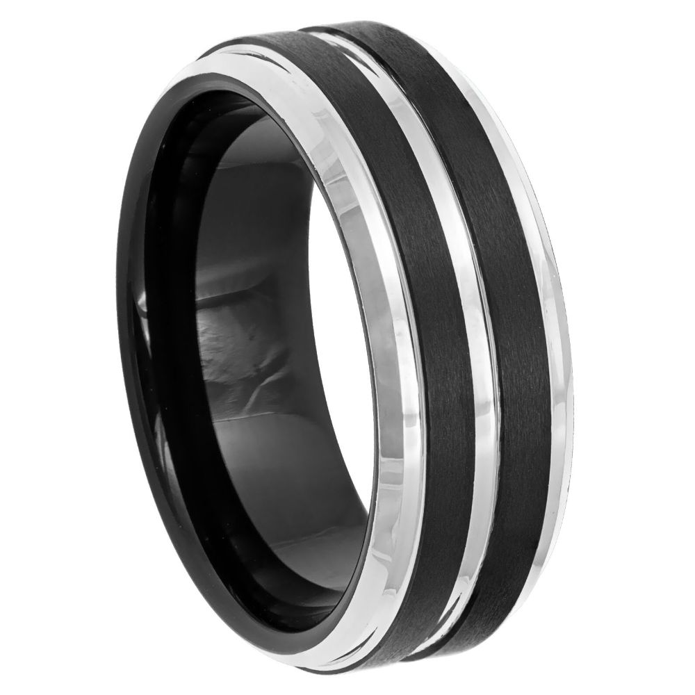 8mm Black IP Plated Tungsten Pinstripe Beveled Edge Ring