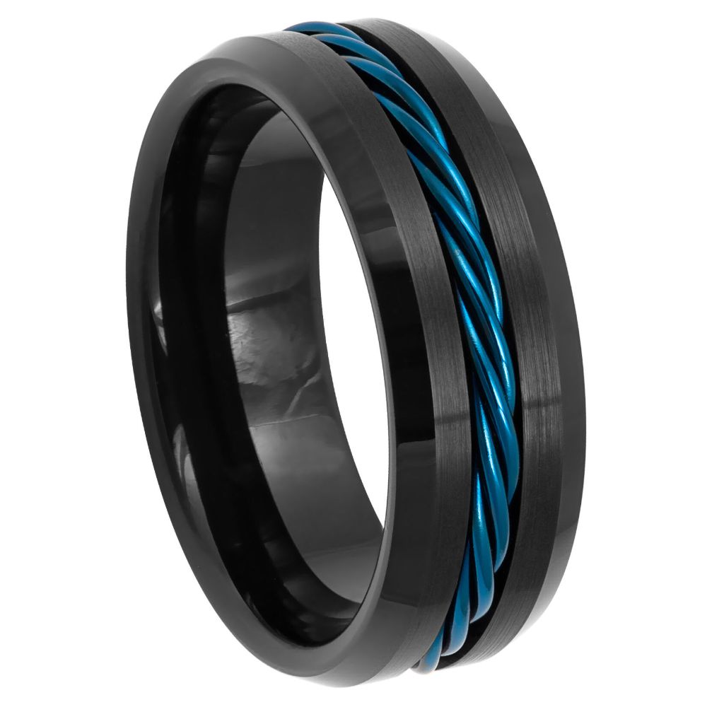 8mm Black IP Tungsten Ring with Blue Rope Inlay and Beveled Edge