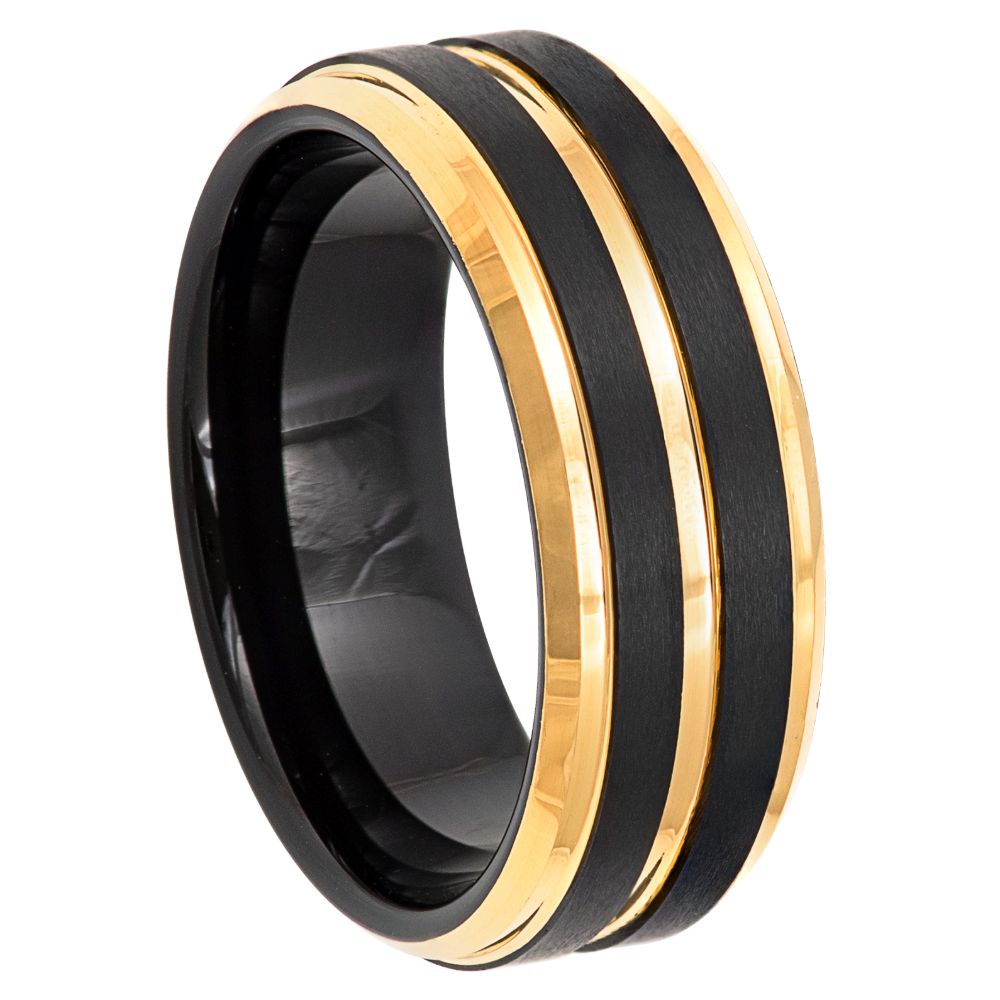 8mm Black & Yellow Plated Tungsten Ring with Pinstripe Beveled Edge