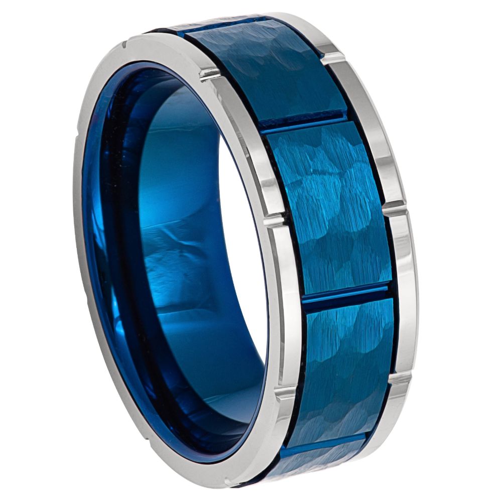8mm Black IP Plated Hammered Beveled Edge Ring with Notches