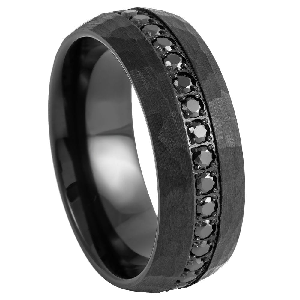 Hammered Black IP Plated Prong-Set Round-Cut Black CZ Eternity Ring - 8mm